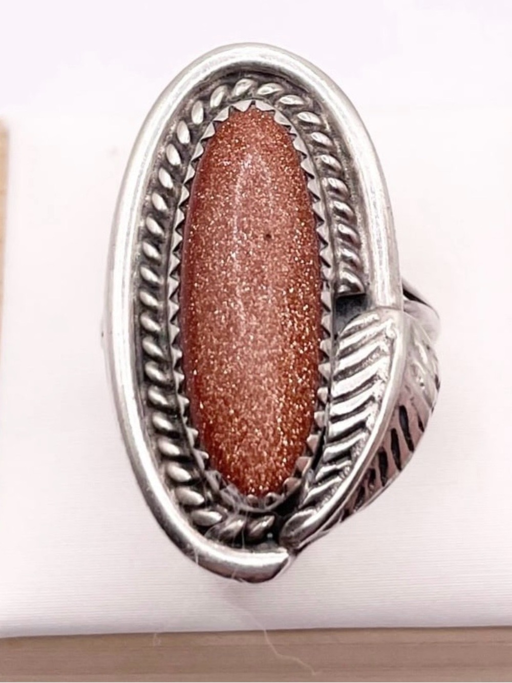 Size 6.5 Sterling Silver Leaf Goldstone Oval Ring - Picture 8 of 8
